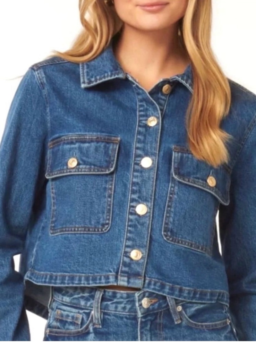 Rachel Zoe Midwash Blue Denim Jacket Cropped with Big Buttons